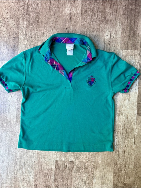 Jantzen Tops - Vintage Green Short Sleeve Polo Shirt Plaid Trim Collar Crest Embroidered